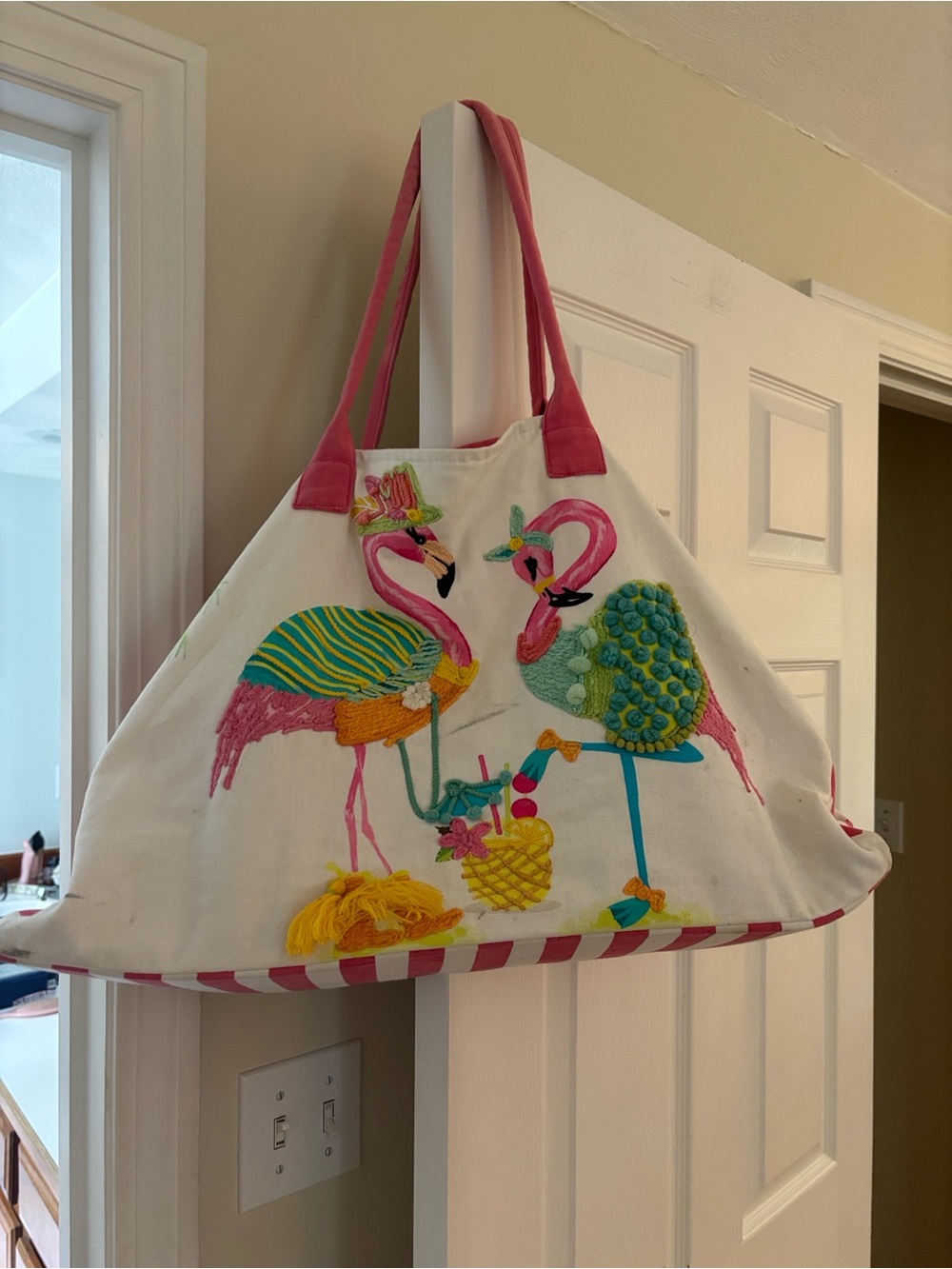 Lily like Whimsical Embroidered Flamingo Tote Pool/Beach Bag in White & Pink.